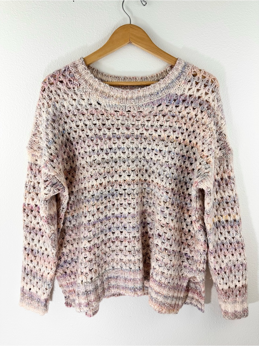 Anthropologie Open Knit Pastel Oversized Sweater Drop Shoulder Crewneck Pullover